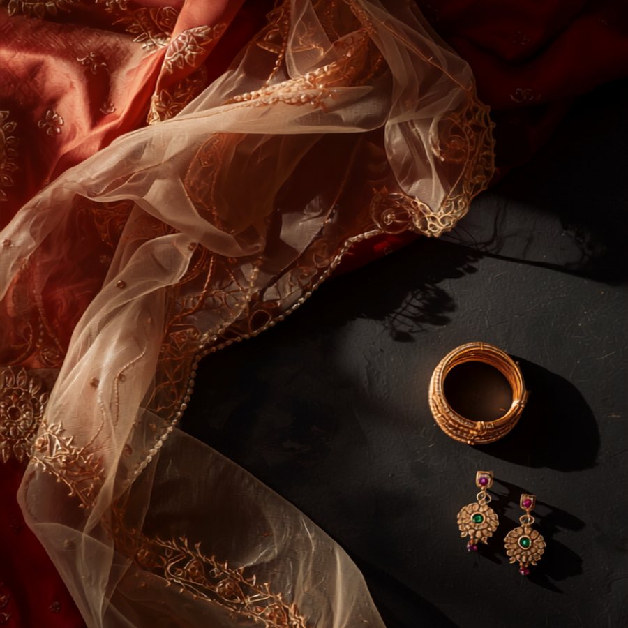 Crimson bridal silk with gold embroidery and bangles
