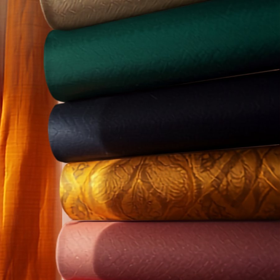 Bolts of dress fabric stacked in a textile shop