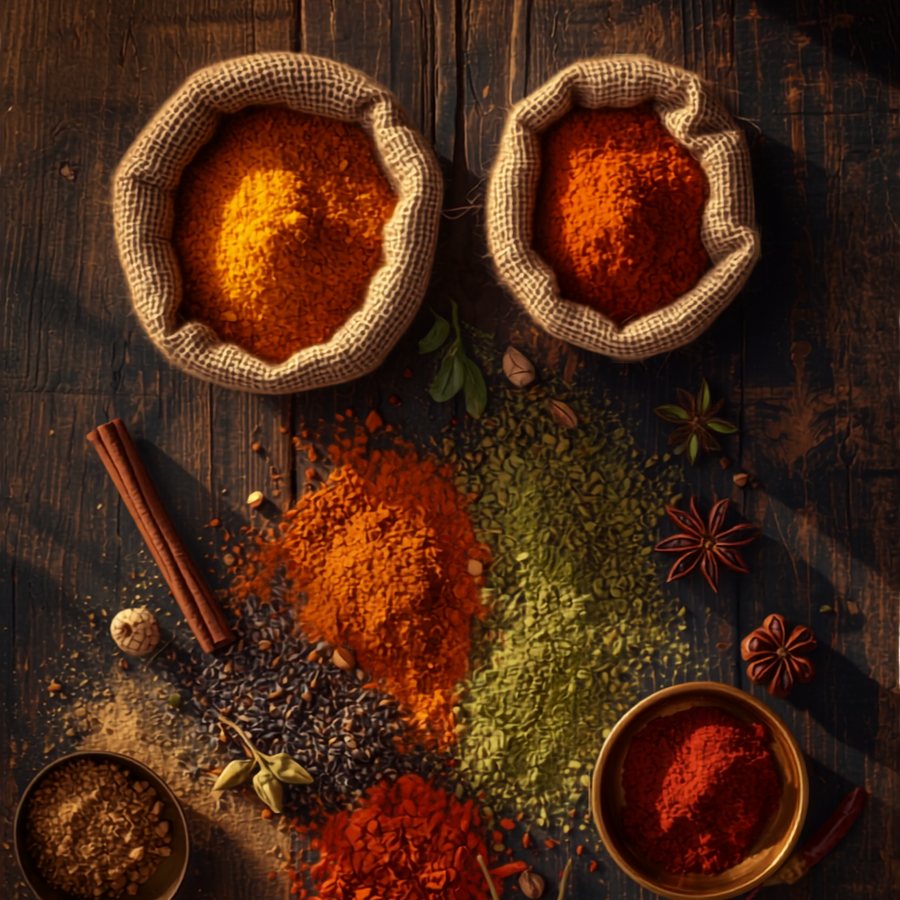 Ground masala and whole spices at a spice merchant